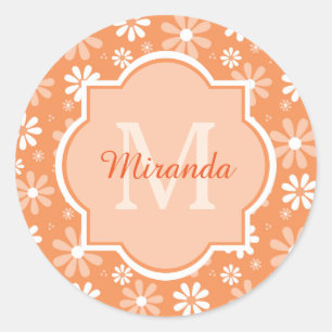 Girly Monogram Cute Oranje Daisy Flowers en Name Ronde Sticker