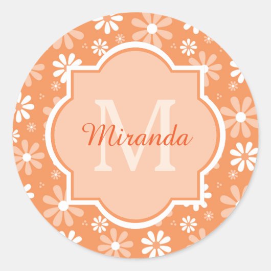 Girly Monogram Cute Oranje Daisy Flowers en Name Ronde Sticker (Voorkant)