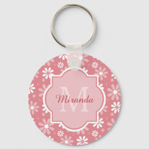 Girly Monogram Cute Pink Daisy Flowers and Name Sleutelhanger