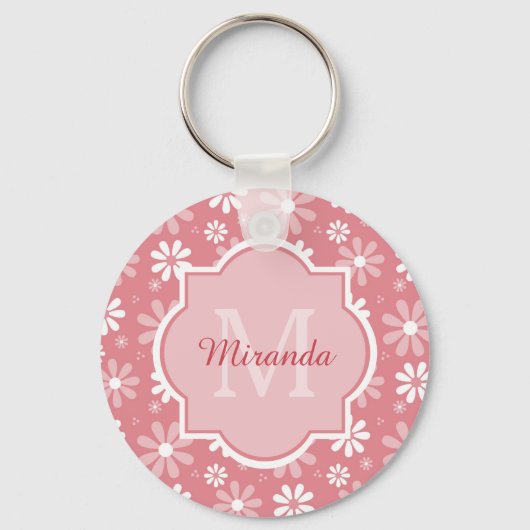 Girly Monogram Cute Pink Daisy Flowers and Name Sleutelhanger (Voorkant)