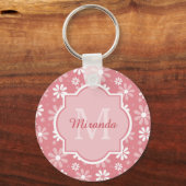Girly Monogram Cute Pink Daisy Flowers and Name Sleutelhanger (Voorkant)