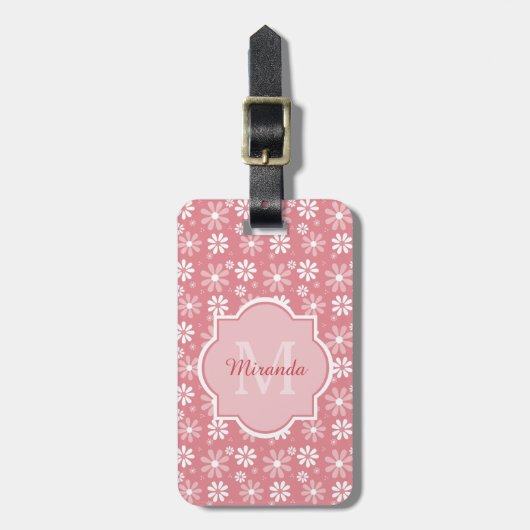 Girly Monogram Cute Pink Daisy Flowers met naam Bagagelabel (Voorkant verticaal)
