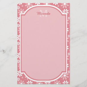 Girly Monogram Cute Pink Daisy Flowers met naam Briefpapier