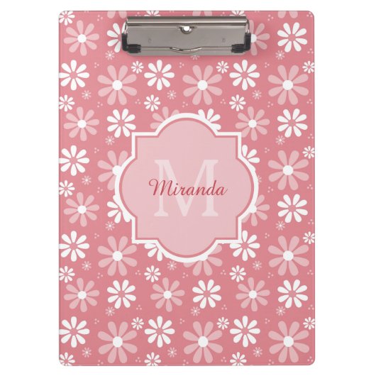 Girly Monogram Cute Pink Daisy Flowers met naam Klembord (Voorkant)