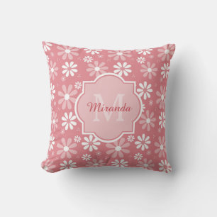 Girly Monogram Cute Pink Daisy Flowers met naam Kussen