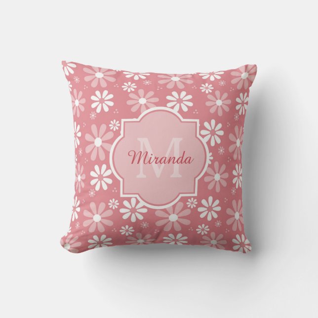 Girly Monogram Cute Pink Daisy Flowers met naam Kussen (Voorkant)