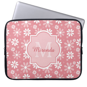 Girly Monogram Cute Pink Daisy Flowers met naam Laptop Sleeve