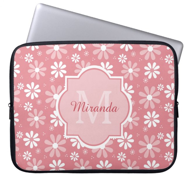 Girly Monogram Cute Pink Daisy Flowers met naam Laptop Sleeve (Voorkant)