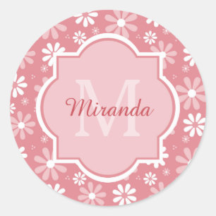 Girly Monogram Cute Pink Daisy Flowers met naam Ronde Sticker