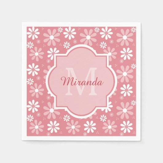 Girly Monogram Cute Pink Daisy Flowers met naam Servetten (Voorkant)