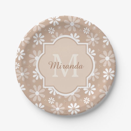 Girly Monogram Cute Tan Daisy Flowers en Name Papieren Bordje (Voorkant)