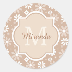 Girly Monogram Cute Tan Daisy Flowers en Name Ronde Sticker