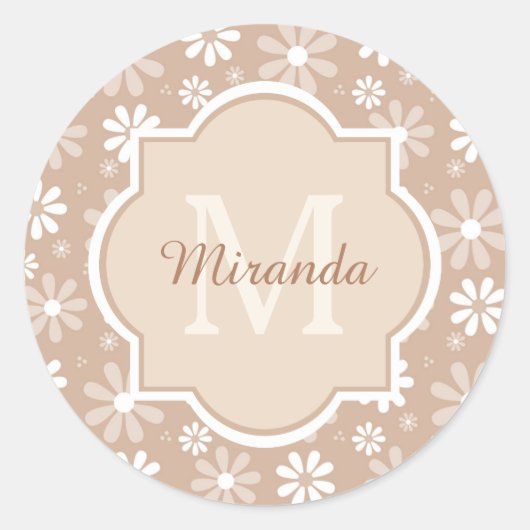 Girly Monogram Cute Tan Daisy Flowers en Name Ronde Sticker (Voorkant)