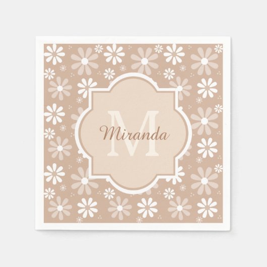 Girly Monogram Cute Tan Daisy Flowers en Name Servetten (Voorkant)