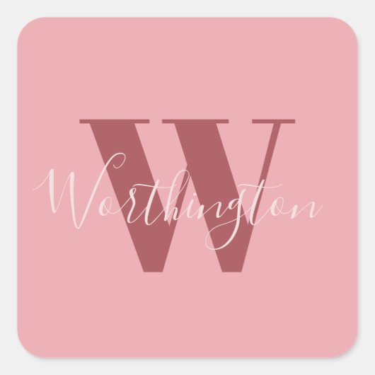 Girly Monogram en Naam roze blush rood Vierkante Sticker (Voorkant)