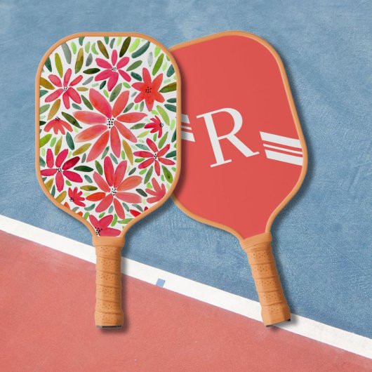 Girly  Monogram Initiaal Rode Bloemen Pickleball Paddle