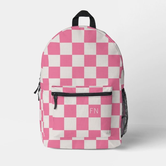 Girly Monogram Initialen & Helder Roze Checkerboar Bedrukte Rugzak (Voorkant)