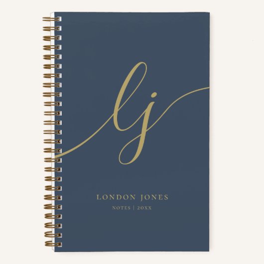 Girly Monogram Kalligrafie Initialen Navy Gold Notitieboek (Voorkant)