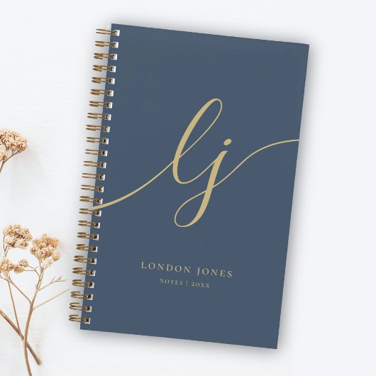 Girly Monogram Kalligrafie Initialen Navy Gold Notitieboek