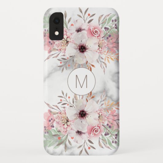 Girly Monogram Marble Waterverf Floral Case-Mate iPhone Case (Achterkant)