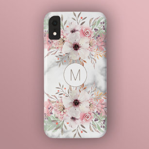 Girly Monogram Marble Waterverf Floral Case-Mate iPhone Case
