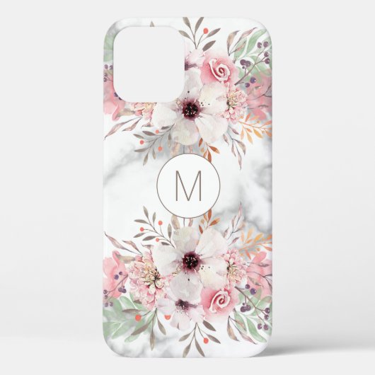 Girly Monogram Marble Waterverf Floral Hoesje-Mate Case-Mate iPhone Case (Achterkant)