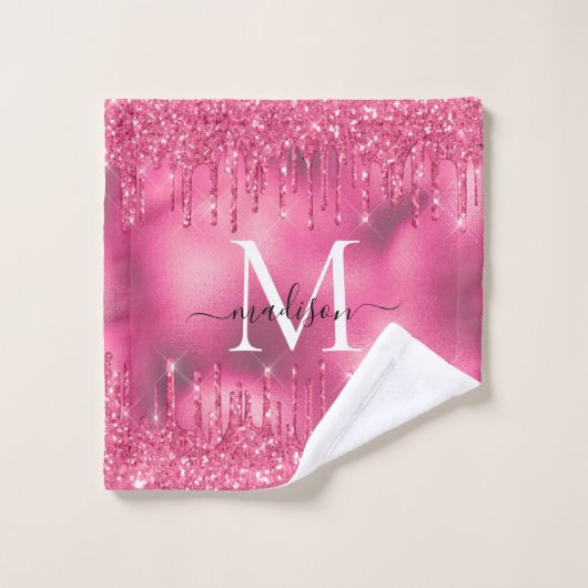 Girly Monogram Metallic Hot Pink Dripping Glitter Bad Handdoek (Wasdoekje)
