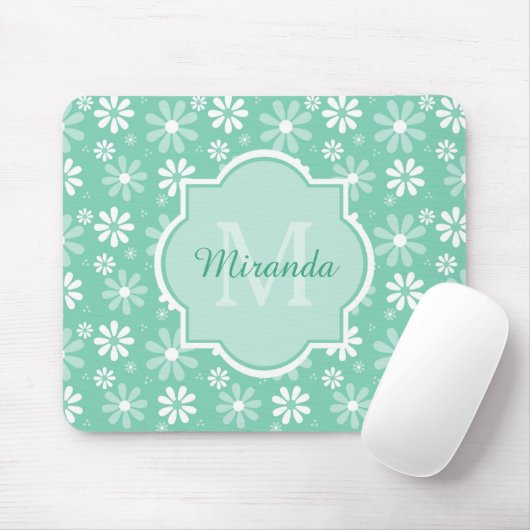 Girly Monogram Mint White Daisy Flowers met naam Muismat (Met muis)