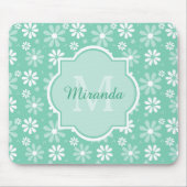 Girly Monogram Mint White Daisy Flowers met naam Muismat (Voorkant)