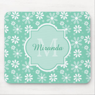 Girly Monogram Mint White Daisy Flowers met naam Muismat