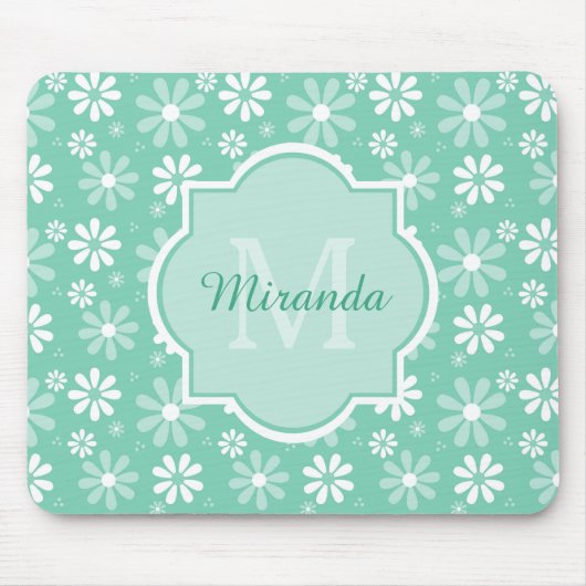 Girly Monogram Mint White Daisy Flowers met naam Muismat (Voorkant)
