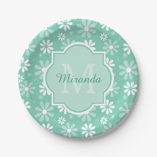Girly Monogram Mint White Daisy Flowers met naam Papieren Bordje (Voorkant)