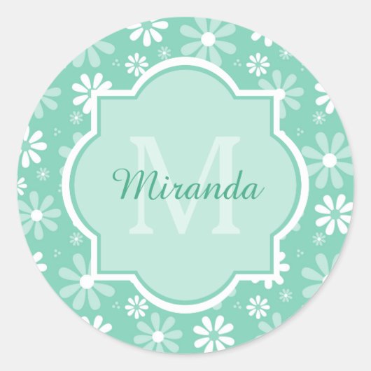 Girly Monogram Mint White Daisy Flowers met naam Ronde Sticker (Voorkant)