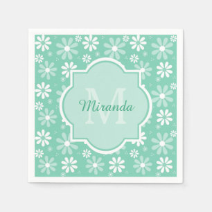 Girly Monogram Mint White Daisy Flowers met naam Servet