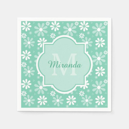Girly Monogram Mint White Daisy Flowers met naam Servet (Voorkant)