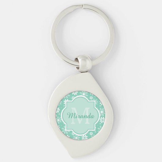 Girly Monogram Mint White Daisy Flowers met naam Sleutelhanger (Voorkant)