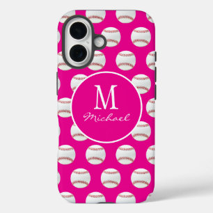 Girly Monogram Naam Baseball Naadloos Patroon Roze iPhone 16 Hoesje