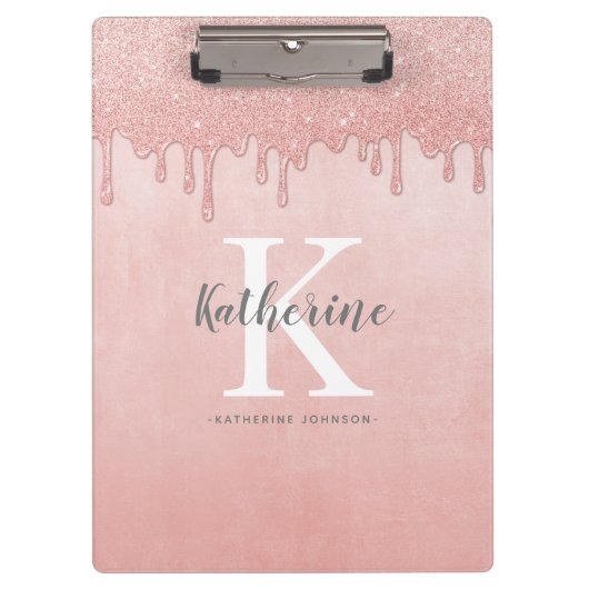 Girly Monogram Naam Blush Roze Dripping Glitter Klembord (Voorkant)