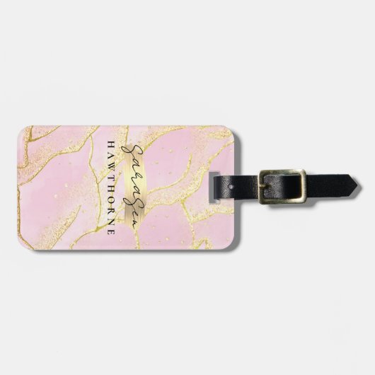 Girly Monogram Naam Chic Pink Glitter Bagagelabel (Voorkant horizontaal)