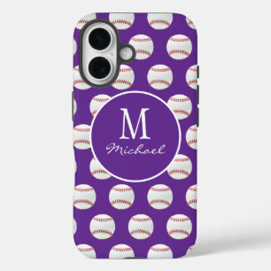 Girly Monogram Naam Honkbal Patroon paarse iPhone 16 Hoesje