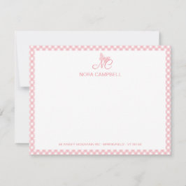 Girly Monogram Naam Peach Pink Gingham Border Notitiekaartje