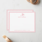 Girly Monogram Naam Peach Pink Gingham Border Notitiekaartje (Voorkant / Achterkant in situ)