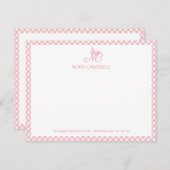Girly Monogram Naam Peach Pink Gingham Border Notitiekaartje (Voorkant / Achterkant)