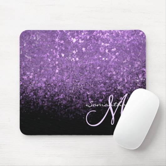 Girly Monogram Paars Glitter Sparkle & Black Muismat (Met muis)