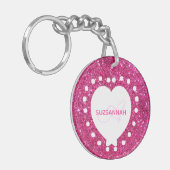 Girly Monogram Pink Glitter White Heart Sjabloon Sleutelhanger (Voorkant Links)