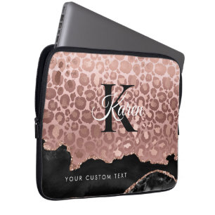 Girly Monogram Roos Gold Leopard en Black Marble Laptop Sleeve