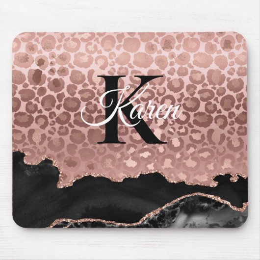 Girly Monogram Roos Gold Leopard en Black Marble Muismat (Voorkant)