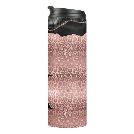 Girly Monogram Roos Gold Leopard en Black Marble Thermosbeker (Geroteerd rechts)