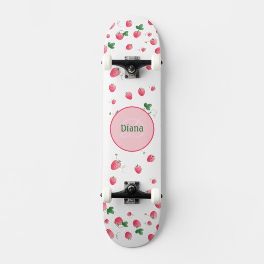 Girly Monogram schattige aardbeien met naam Persoonlijk Skateboard (Voorkant)