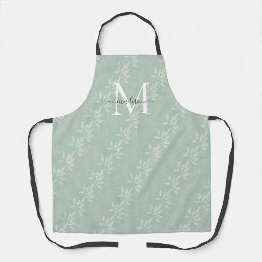 Girly Monogram Script Blauwgroen Groene Bloemen Bo Schort (Voorkant)